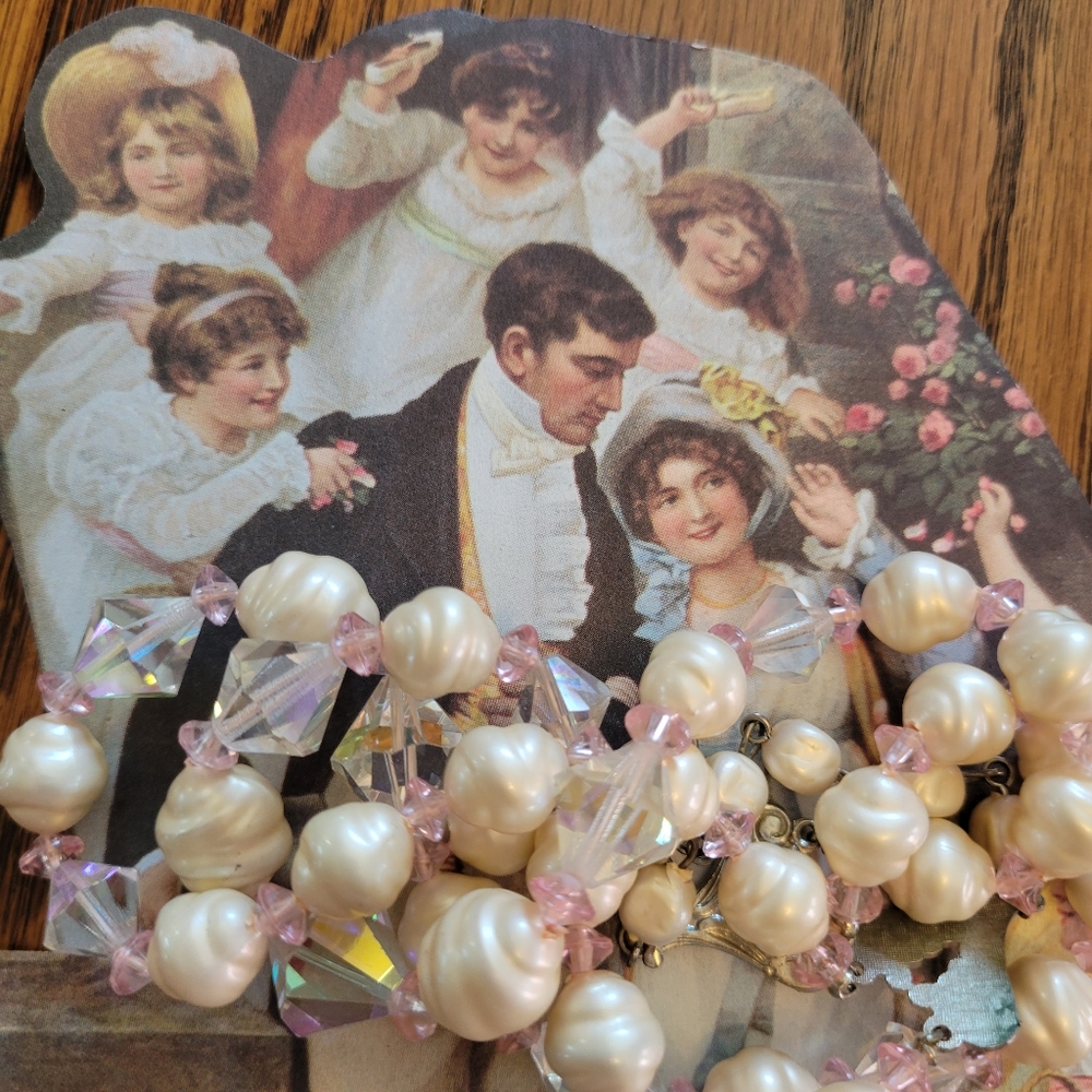 Pretty Vintage Necklace Double Strand Faux Pearl & Aurora Borealis Beads Bridal